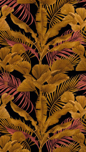 Vliesová napájateľná štrukturovaná tapeta, Ružové a oranžové palmové listy v čiernom